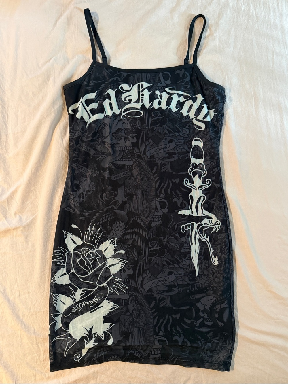 Ed Hardy Black Graphic Rose & Dagger Slip Dress